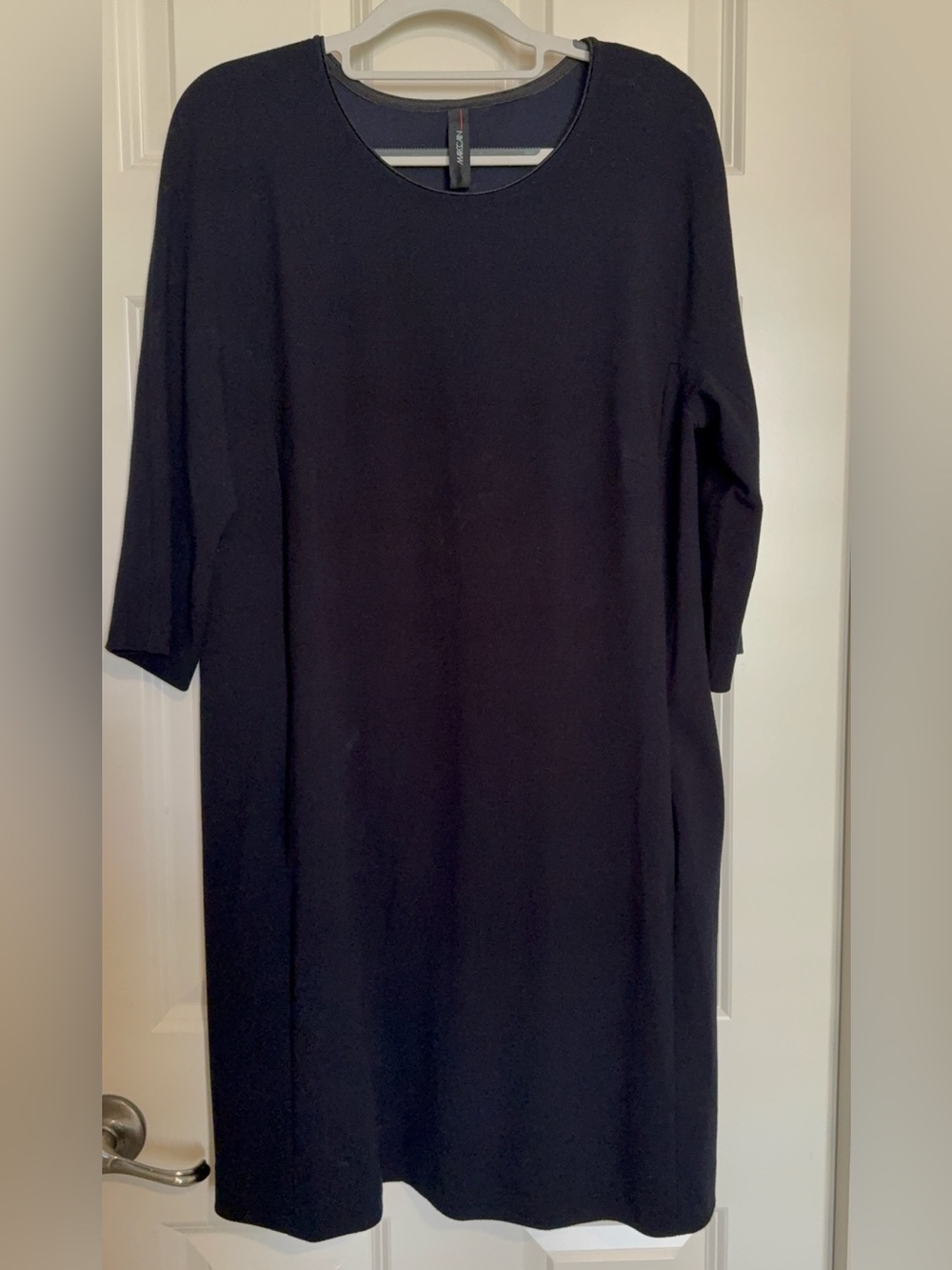 Marc Cain Navy-Black Straight Midi Dress with Three-Quarter Sleeves